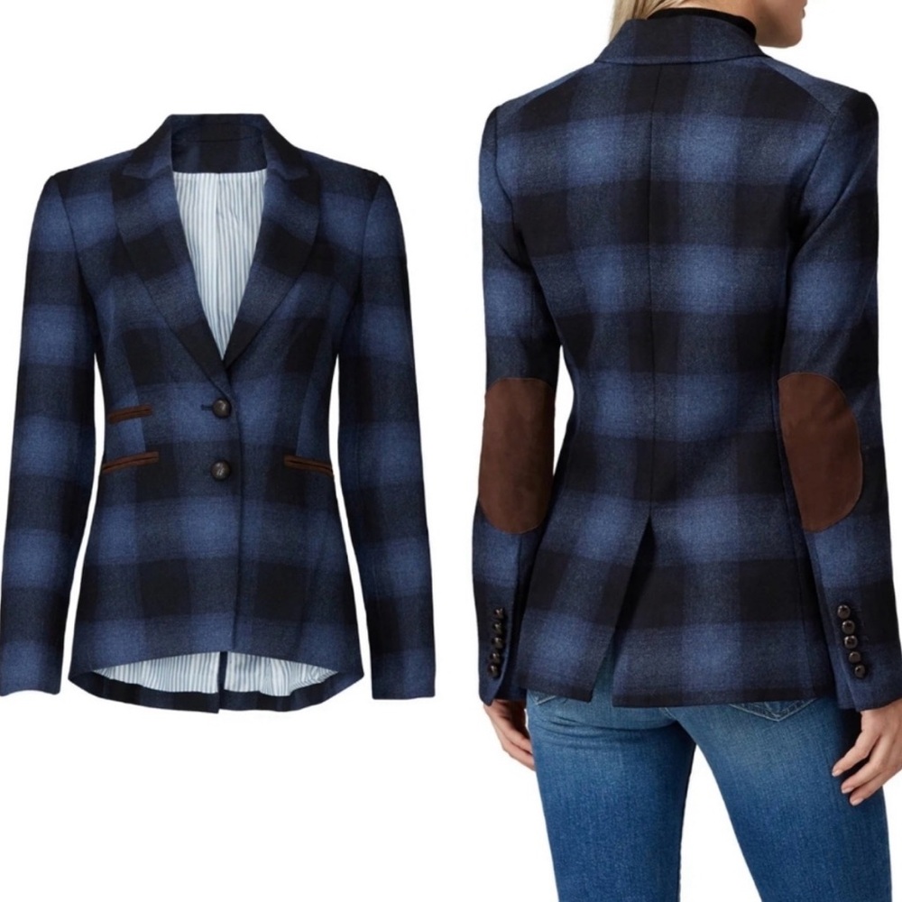 Veronica Beard Blue and Black Plaid Blazer with Brown Elbow Patches